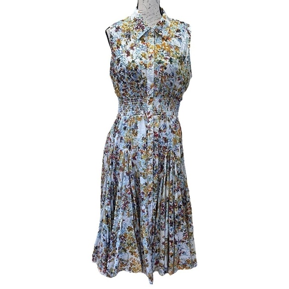 Premise Floral Smocked Waist 100% Cotton Midi Dress Women's Size Large NWT - Picture 1 of 12